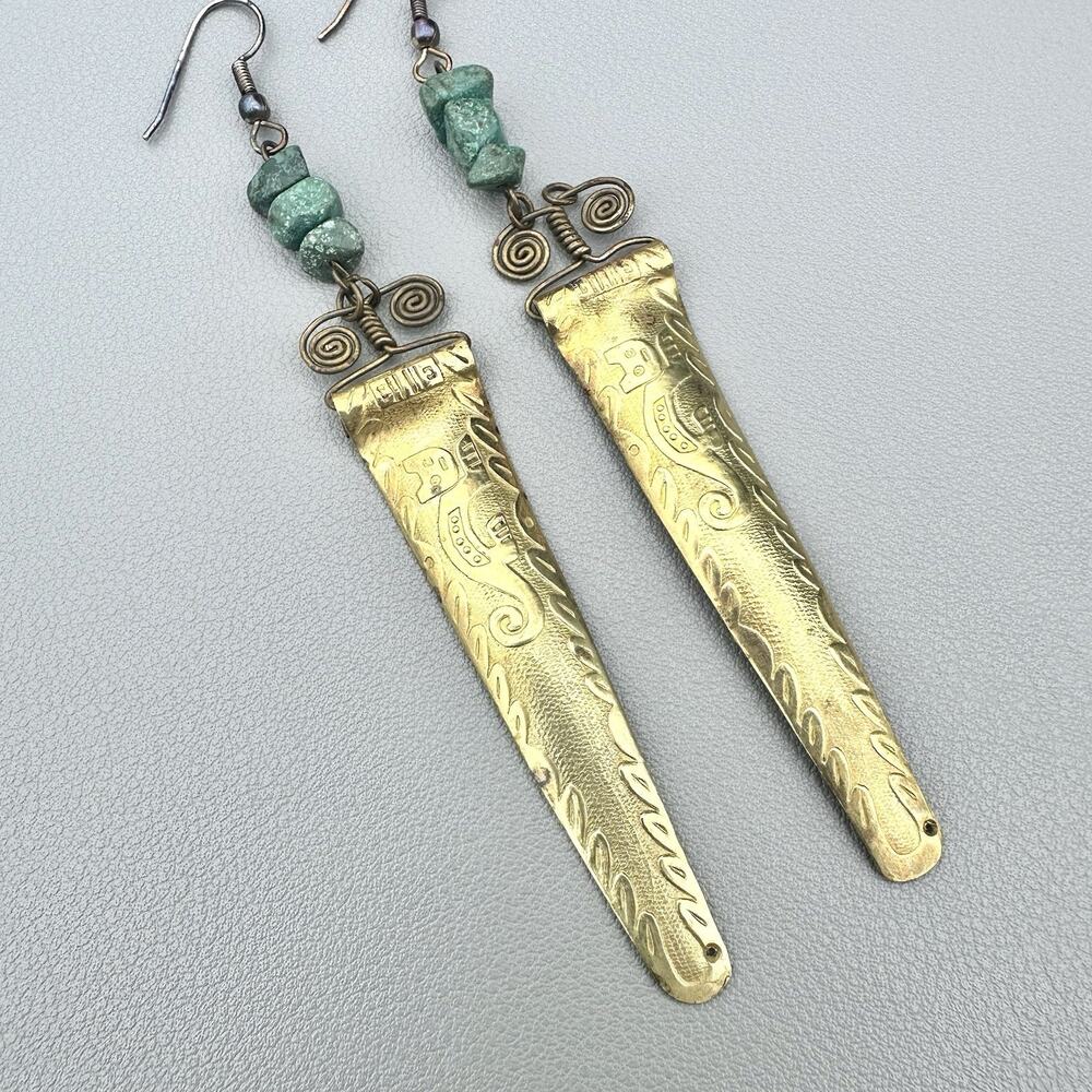 Vintage Cat Egyptian Revival Bastet Brass Dangle Statement Earrings Green Stone